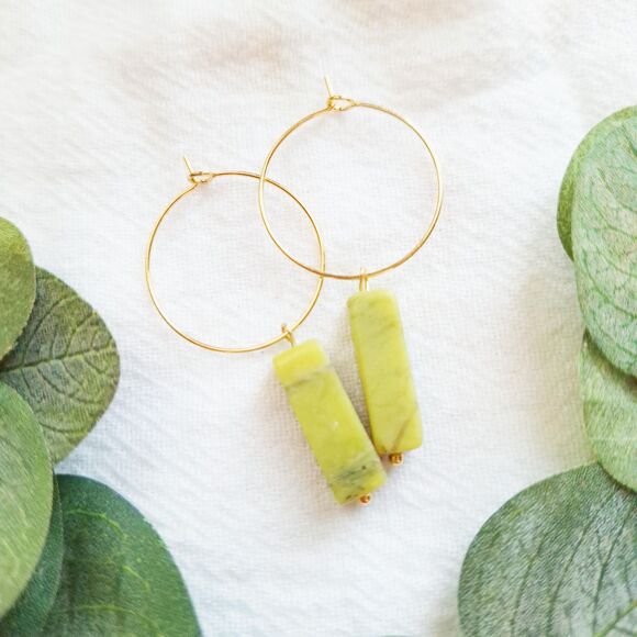 Green Serpentine Gold Hoop Earrings, Minimalist Boho Hoops, Natural Cottagecore - Picture 7 of 9